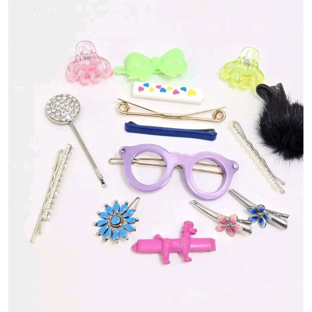 Vtg 1990's Y2K Hair Clip Barrette Lot Of 14 Silver Tone Enamel Fur 3"